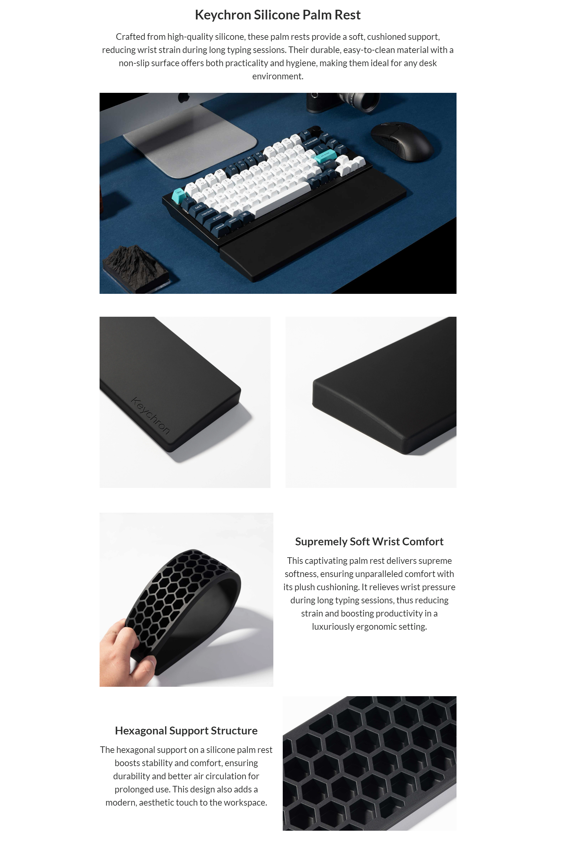 A large marketing image providing additional information about the product Keychron PR45 Silicone Palm Rest - Additional alt info not provided